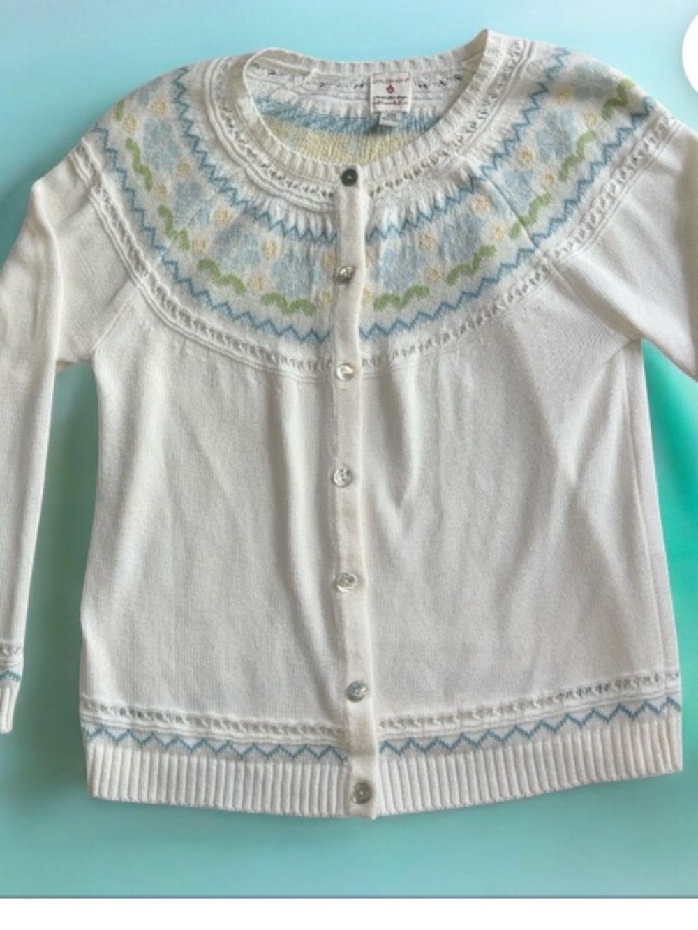 Appleseed's Cream Cardigan with Pastel Blue and Green Fair Isle Yoke